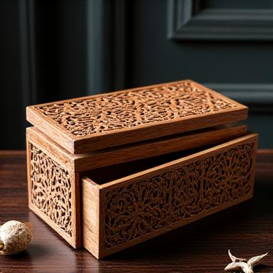 Scatola portaoggetti in legno con intarsi ispirati a motivi tribali